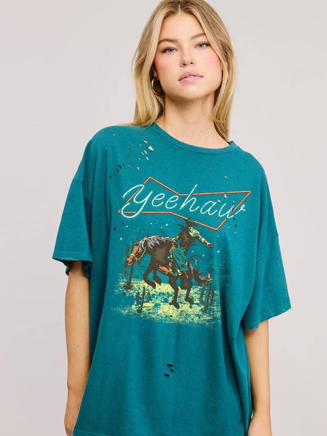 Zutter - Wholesale Screen Printed T-Shirt - Women's - Yee Haw Cowboy Graphic S/S Oversized Seamless Tee ZO0