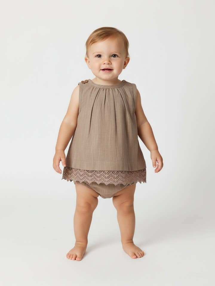 Havermoutkleurige babyjurk en bloeierset met kanten details voor wholesale door Yo Baby