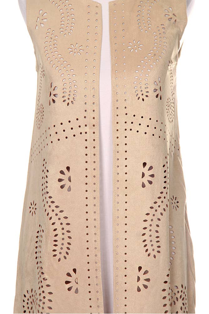 Hana - Venta al por mayor Chaleco de abrigo - Mujer - Chaleco de gamuza cortado con láser con estampado de hojas geométricas22