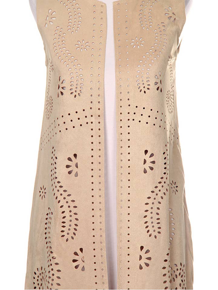 Hana - Venta al por mayor Chaleco de abrigo - Mujer - Chaleco de gamuza cortado con láser con estampado de hojas geométricas22