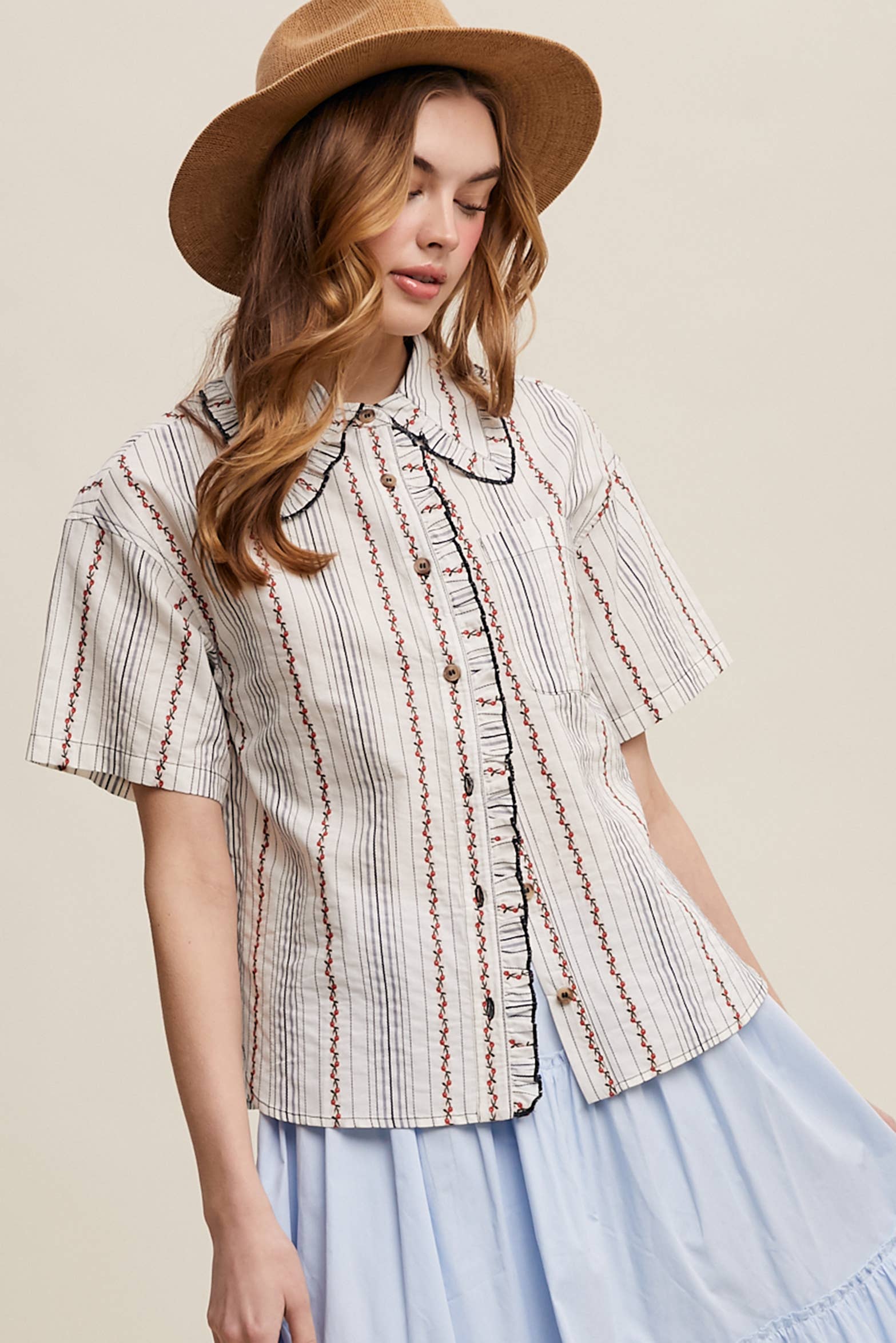 Listicle - Wholesale Button Down Shirt - Women's - Striped Embroidered Button-Down Blouse15