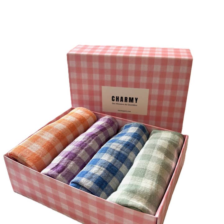 CHARMY - Wholesale Dinner & cloth napkin - Set of 4 Double Cotton Gauze Napkins – Azure Gingham, violet, clementine, and gray-green – 40x40cm1
