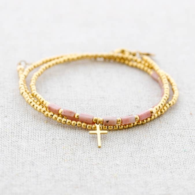 Bracelet Acier Trois Tours Pierres Pendentif Croix pour la vente par Sonata