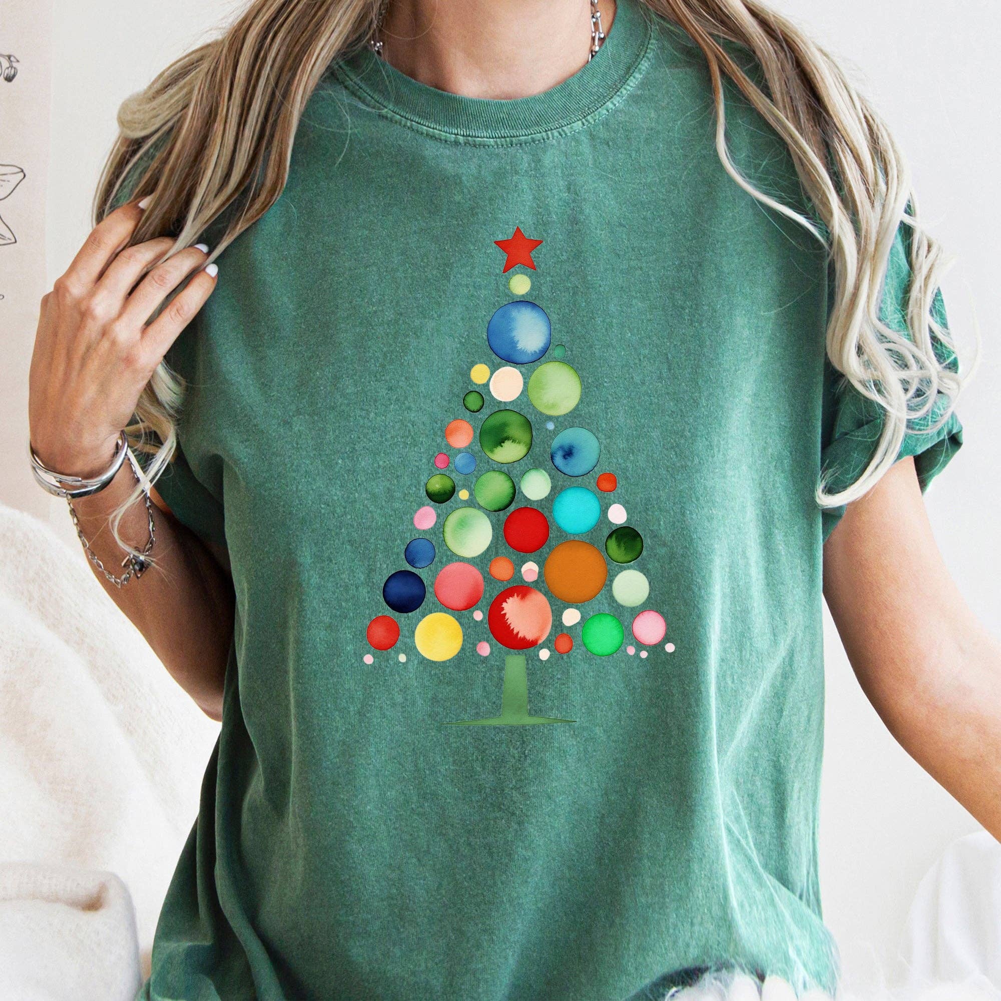 Refinery Number One LLC - Wholesale T-Shirt (Graphic) - Women's - Watercolor Decorations Christmas Tree, Retro, Vintage, Tee2