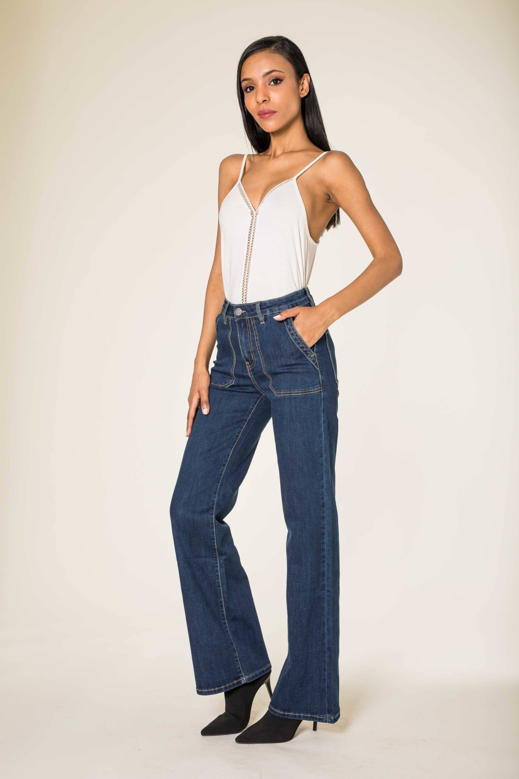 Nina Carter - Vendita all'ingrosso Jeans - Donna - Jeans svasati elasticizzati a vita alta larghi P1230