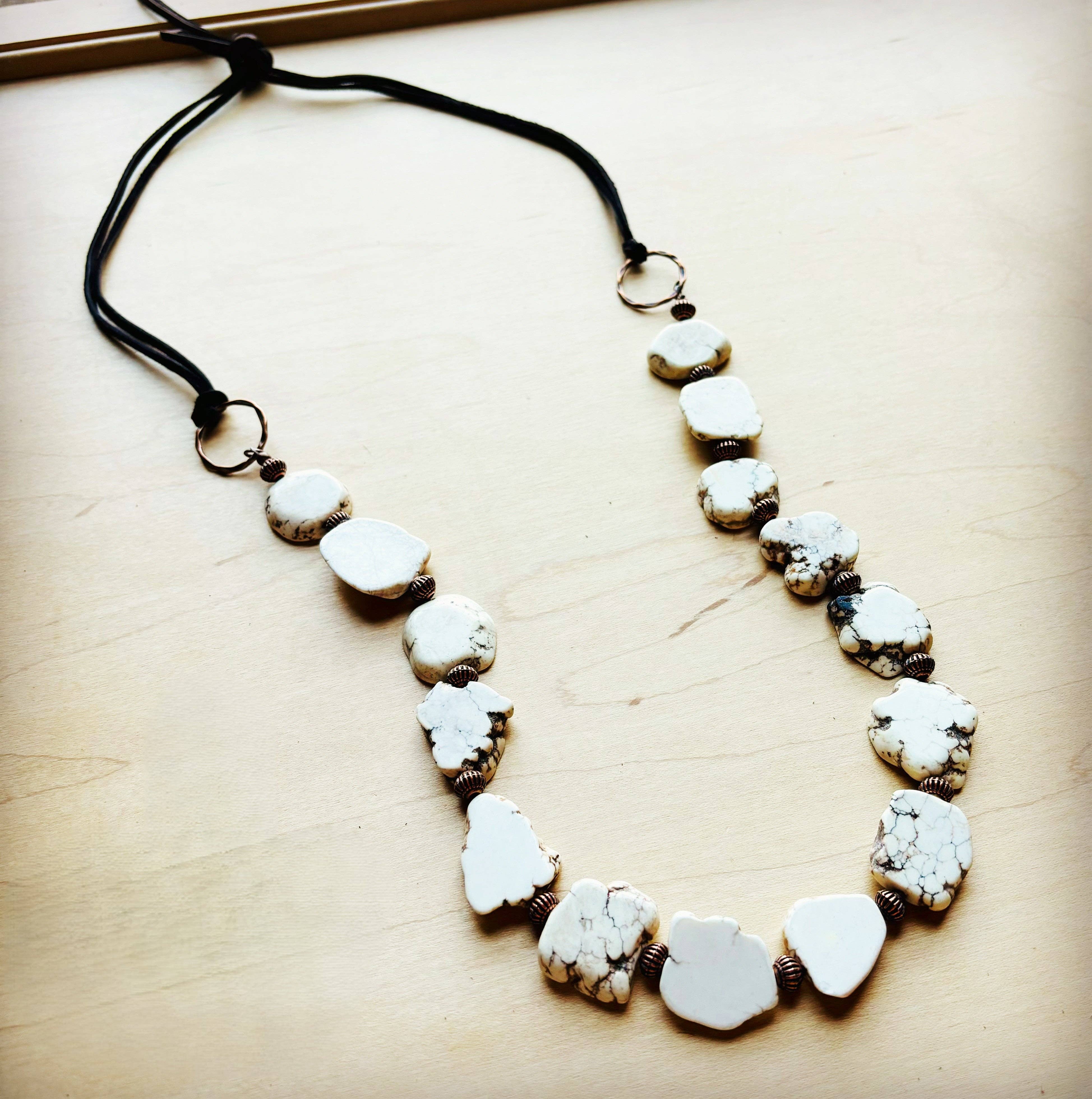 The Jewelry Junkie - Wholesale Beaded/Pearl Necklace - White Turquoise Slab Necklace with Leather Closure 228O1