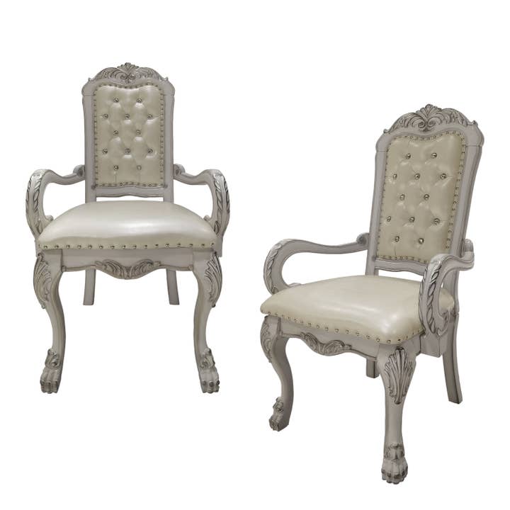 HomeRoots - Wholesale Chair - Set of Two Tufted White Upholstered Faux Leather And Wood Dining Arm Chairs