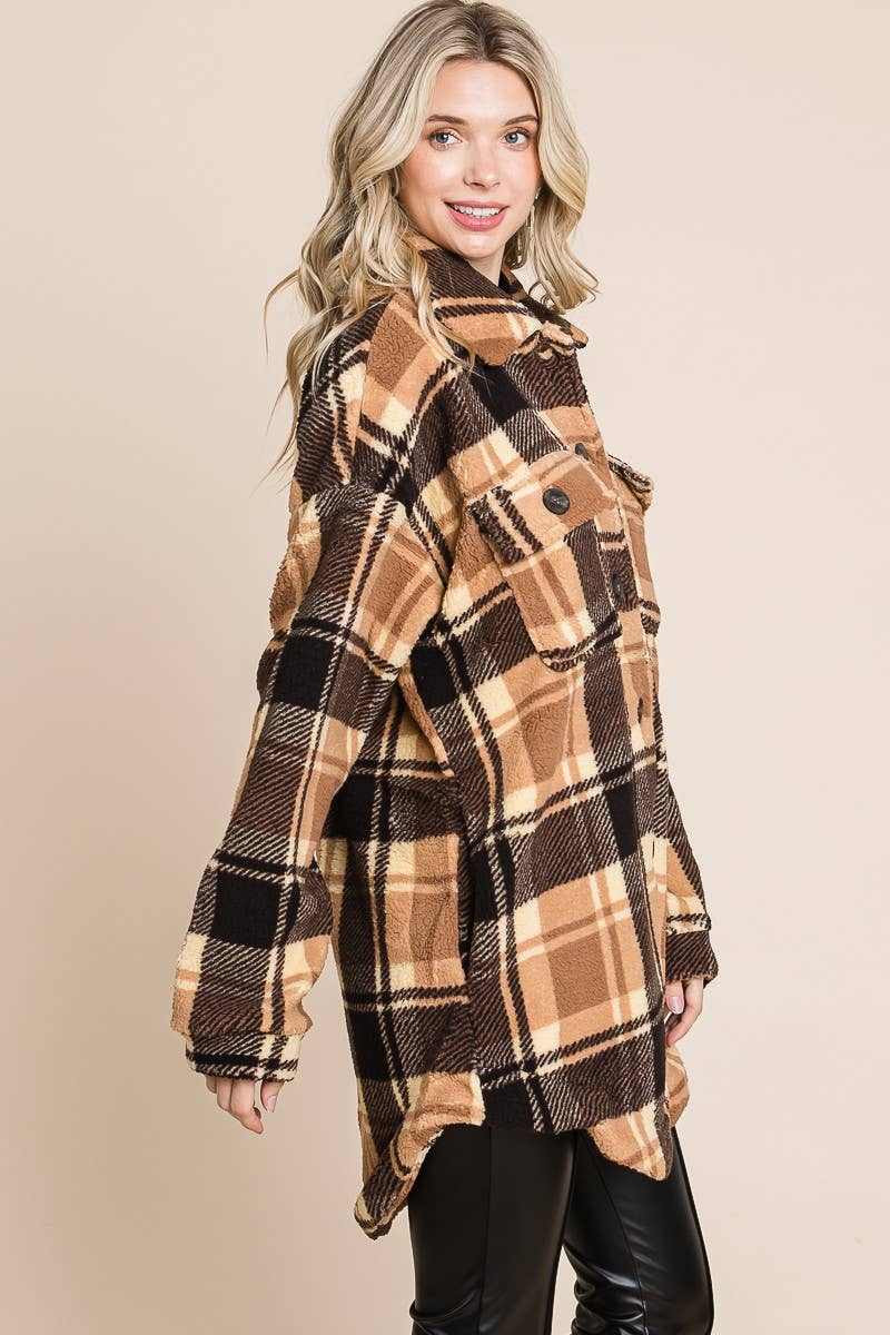 BNS - Wholesale Shirt Jacket/Shacket - Women's - Plaid Print Drop Shoulder Teddy Shacket w/Pockets7