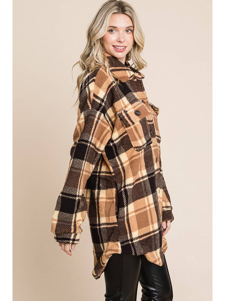 BNS - Wholesale Shirt Jacket/Shacket - Women's - Plaid Print Drop Shoulder Teddy Shacket w/Pockets7