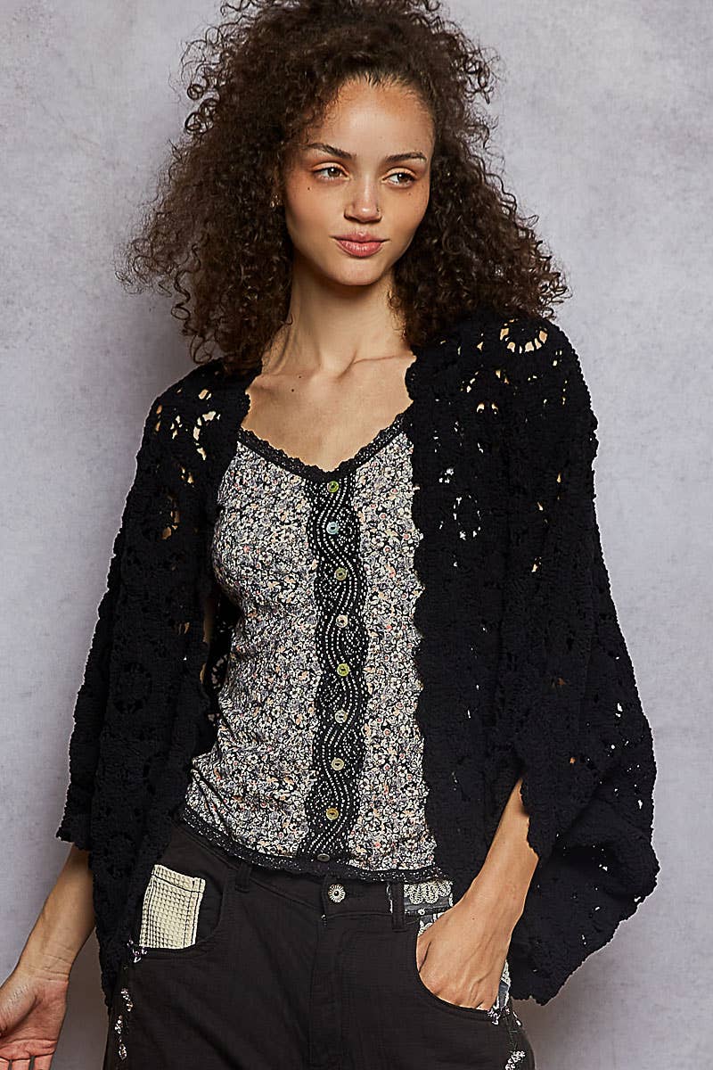 Pol Clothing - Wholesale Cardigan - Women's - Long sleeve v neck floral pattern crochet chenille cardigan0