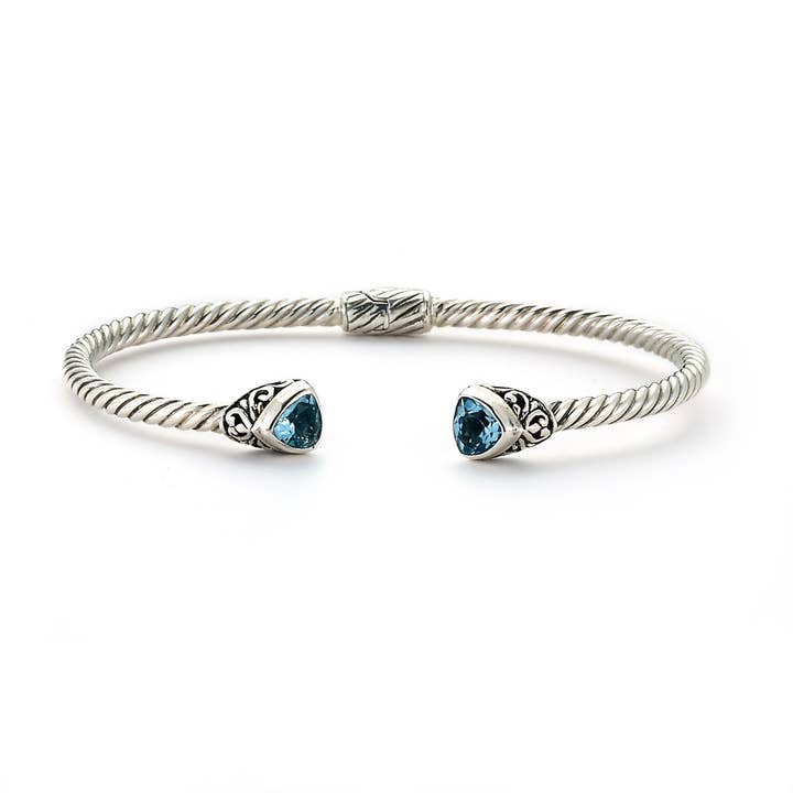 SS Twisted Cable Trillion Cut Blue Topaz Cable Bangle for wholesale by Eli Pebble