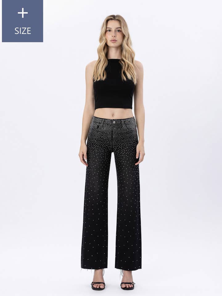 PLUS HIGH RISE RAW HEM RHINESTONE SLIM WIDE JEANS LV1675-P for wholesale by Lovervet by VERVET