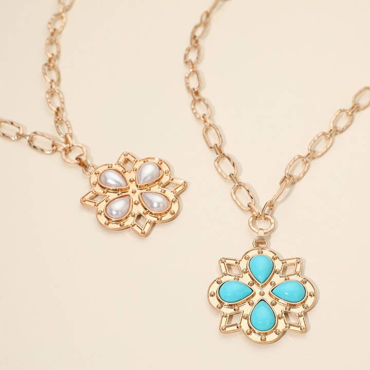 Boho Floral Pendant Chunky Textured Paperclip Chain Necklace for wholesale by Sensibling Corp.