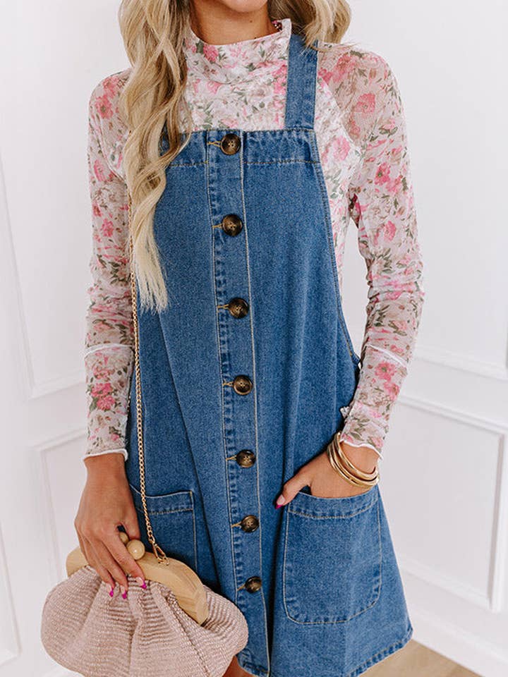 Lovesoft - Wholesale Dress - Women's - Wide Strap Button Front Pocketed Denim Mini Dress