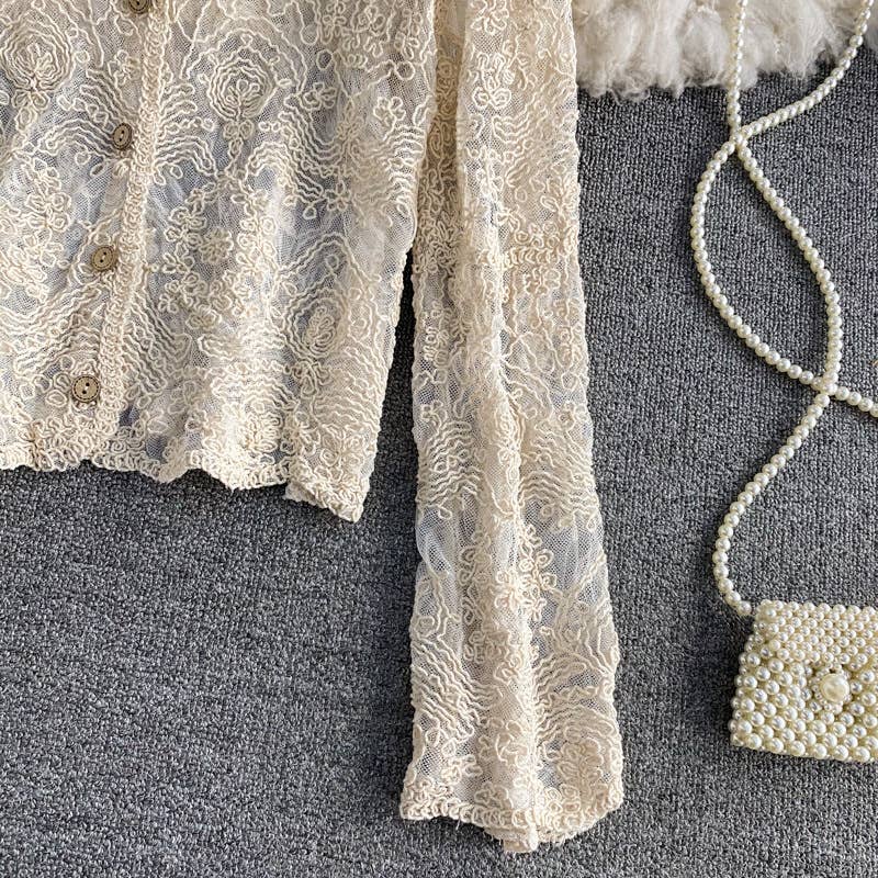 Hope & Sunshine – Cardigan - Mulher por atacado – Top de Renda com Recortes em Croché e Manga Comprida15