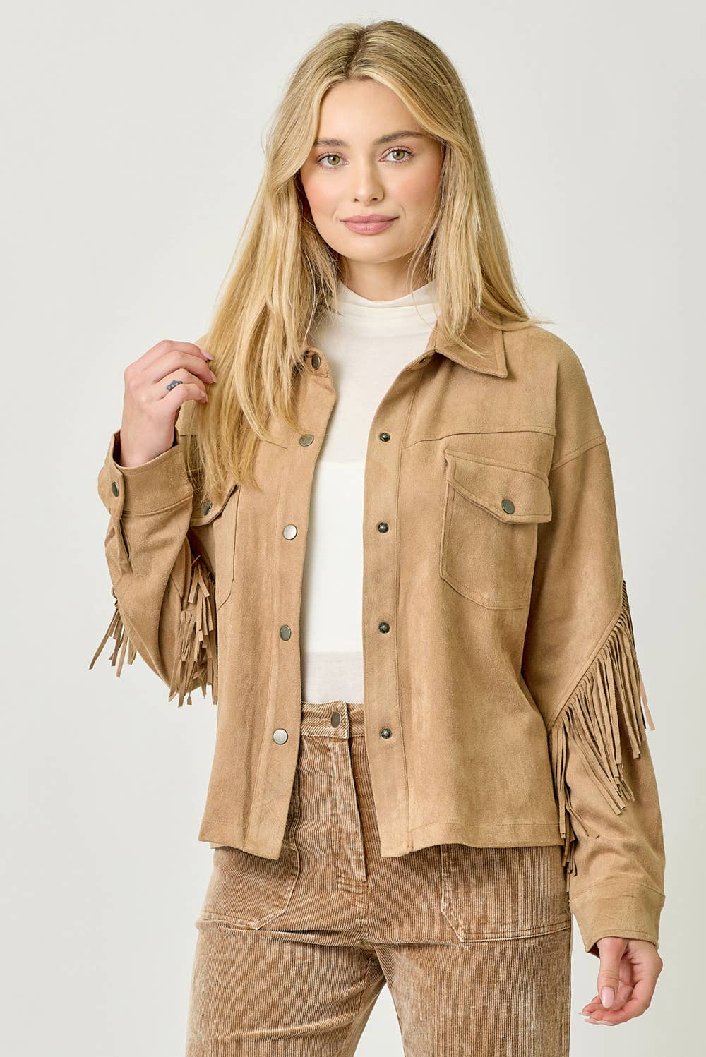 Mystree - Vendita all'ingrosso Giacca a camicia - Donna - 20609 Giacca Camicia in Suede con Dettaglio sul Retro a Frange33