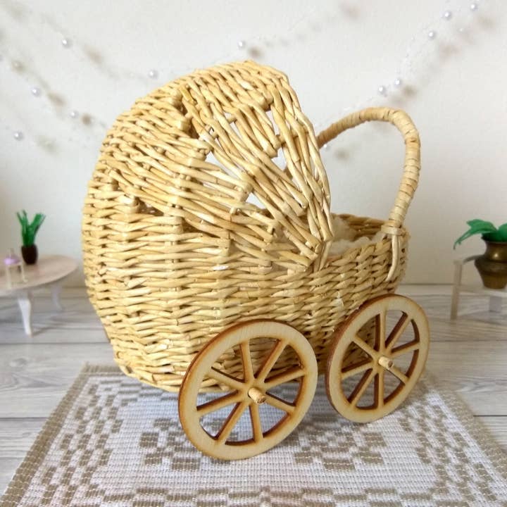 Lenasminiland - Wholesale Doll Accessory Kit - Kids - Miniature baby carriage, rattan look wicker doll stroller wi