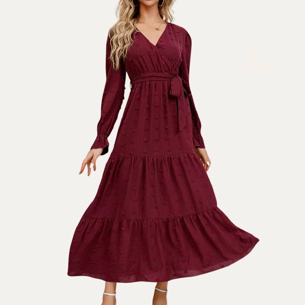 The Moment Collection – wholesale Dress – Women's – Classic Swiss Dot Surplice Neck Long Sleeve Maxi Dress0