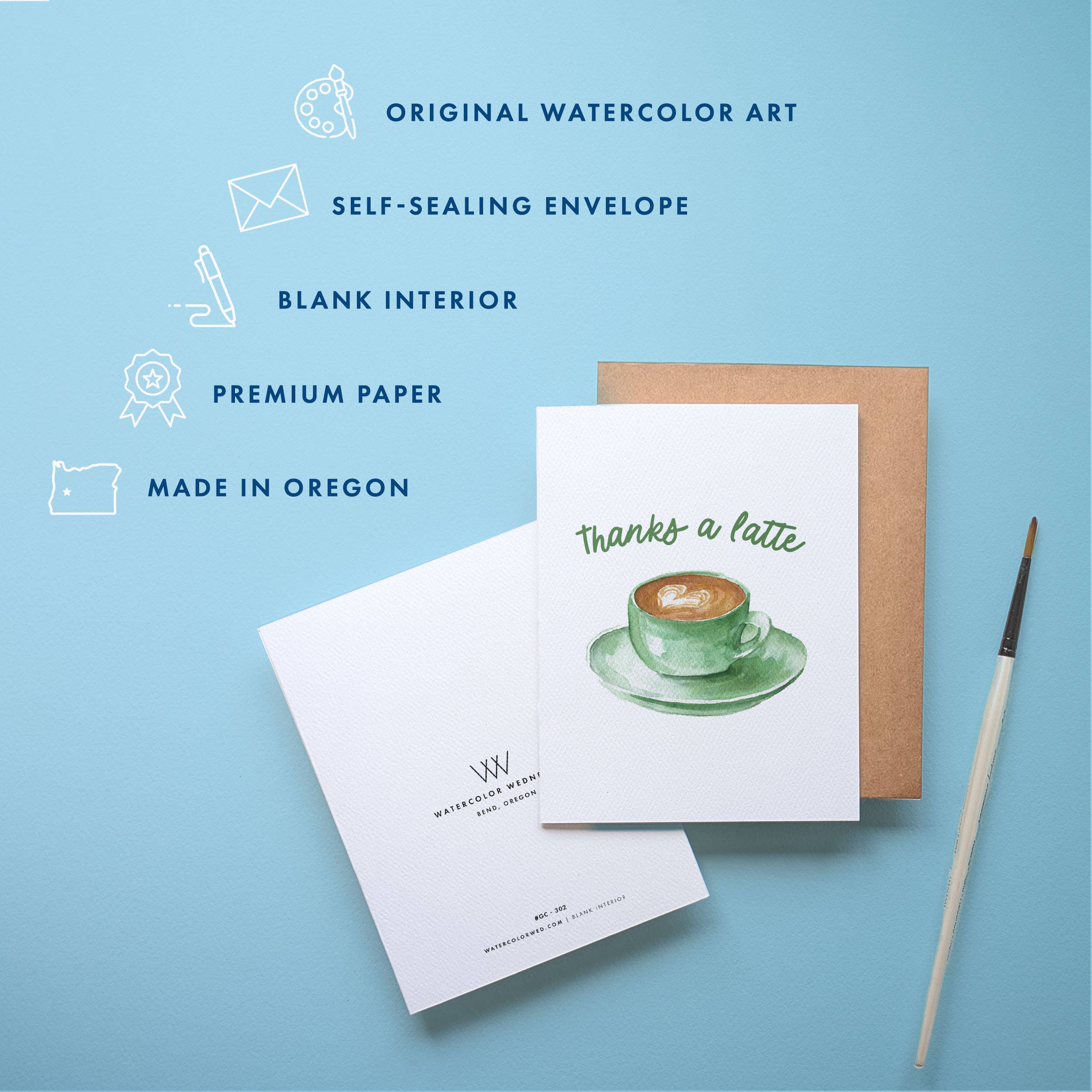 Watercolor Wednesday - Wholesale Thank You Card - Coffee Thank You Card | 'Thanks A Latte' Pun Design1
