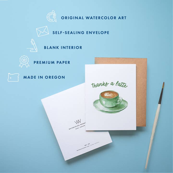 Watercolor Wednesday - Wholesale Thank You Card - Coffee Thank You Card | 'Thanks A Latte' Pun Design1