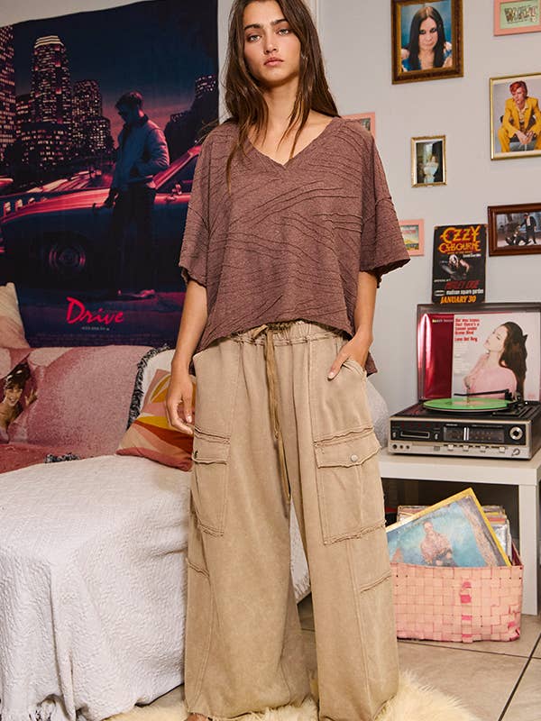 Light brown IP5495 Mineral Washed Wide Leg Cargo Pants for wholesale on Faire