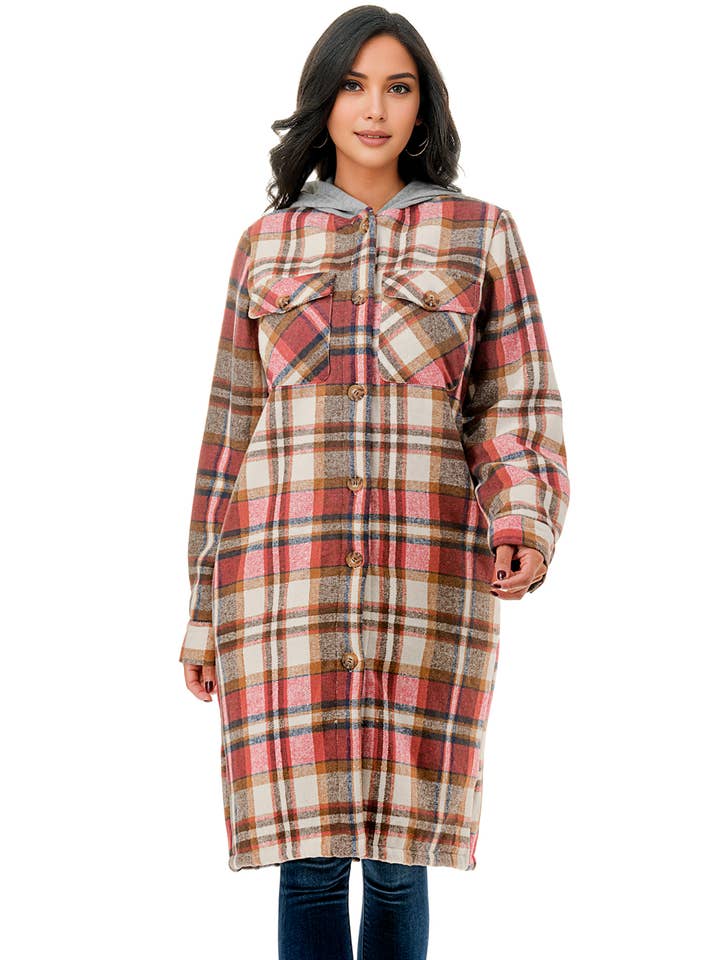 Color 5 – Großhandel Hemd – Damen – Super lange rote karierte Hemdjacke aus Flanell mit Taschen