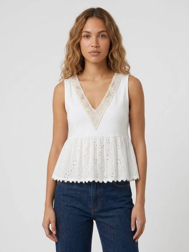 Top bimaterial com bordado na bainha e decote em V em croché Art. 309 por atacado de Nota bene