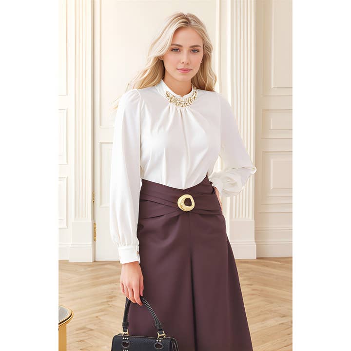 X0121LT Embellished Satin Long Sleeve Blouse for wholesale by XHHH Inc