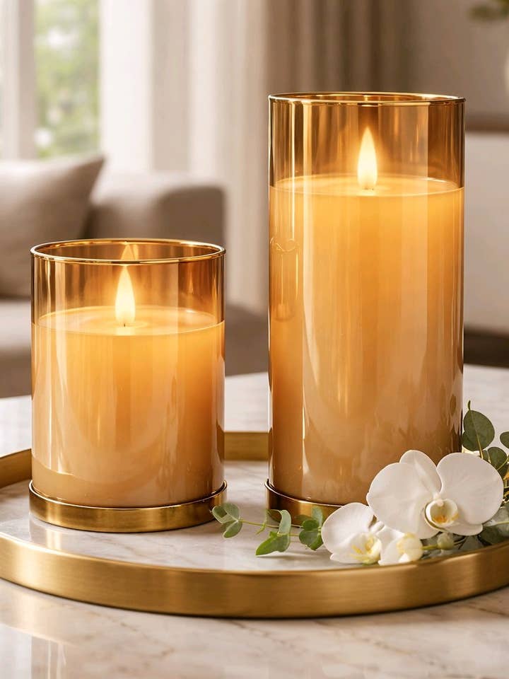 Amber Glass Cylinder Moving Flame LED Candle 3x6in for wholesale by Wholesale Home Decor