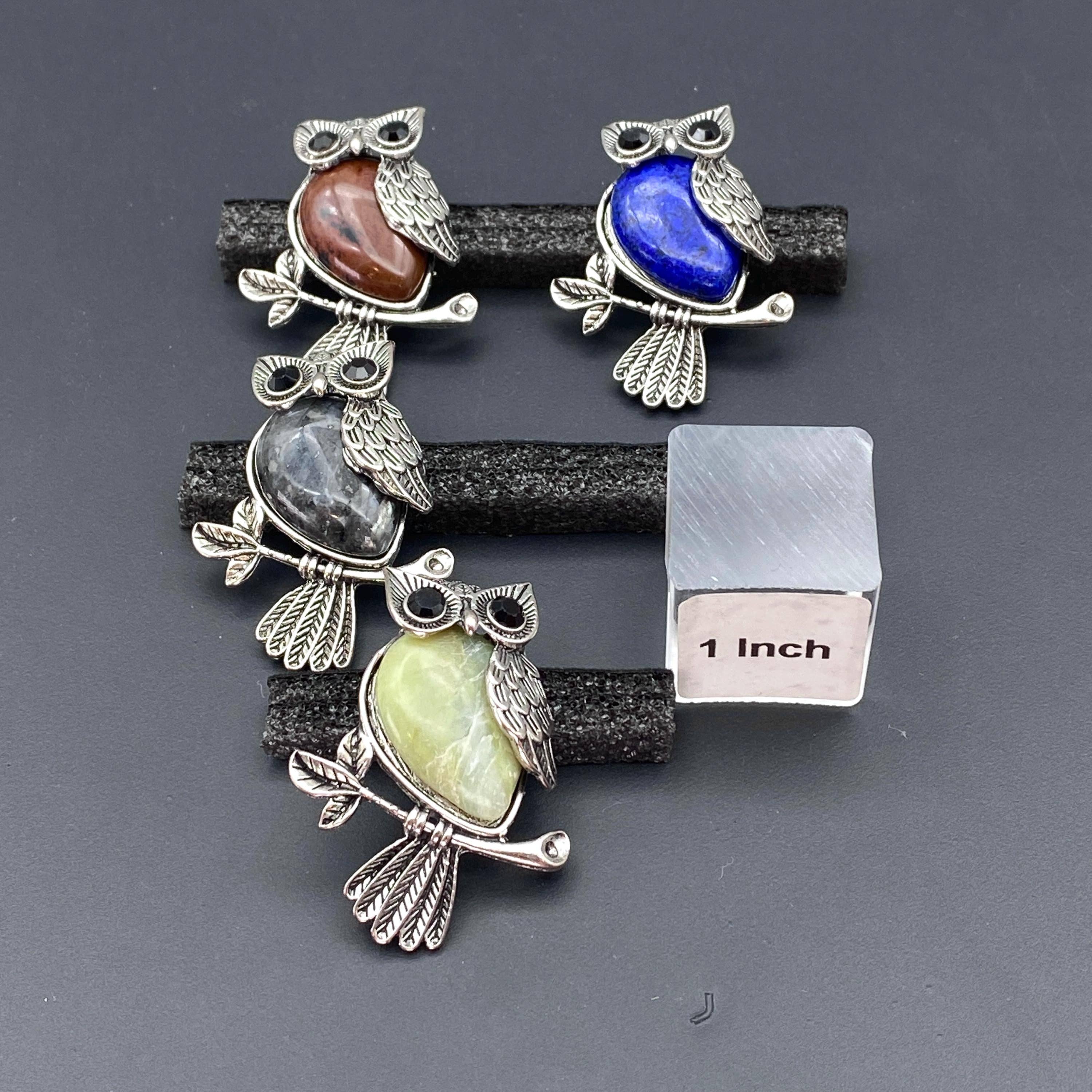 Crystal River Gems LLC - Wholesale Individual Charm/Pendant - Mixed Gemstone Cabochon Silver Owl Pendant1