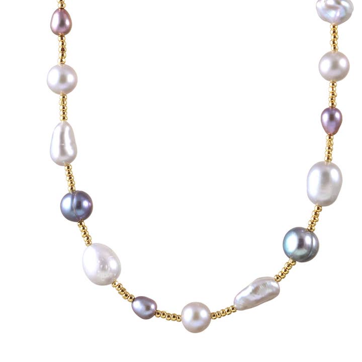 COLLIER EN PERLES GRISES MULTICOLORES EN VERRE DORÉ N-3893 pour la vente par Alicia Van Fleteren Jewelry Design
