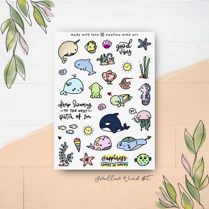 Swallow Wind Art - Wholesale Sticker - Sticker Sheet - Under The Sea, Ocean Animal Journal Stickers