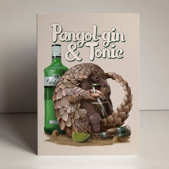 Funny Pangolin Gin and Tonic Lover Pun Birthday Card for wholesale by Fasanian Artistry