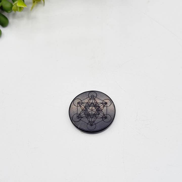 Meraki Gemstones - Wholesale Spiritual Stone/Crystal - Shungite EMF Cell Phone Tile Engraved Metatron 30MM2