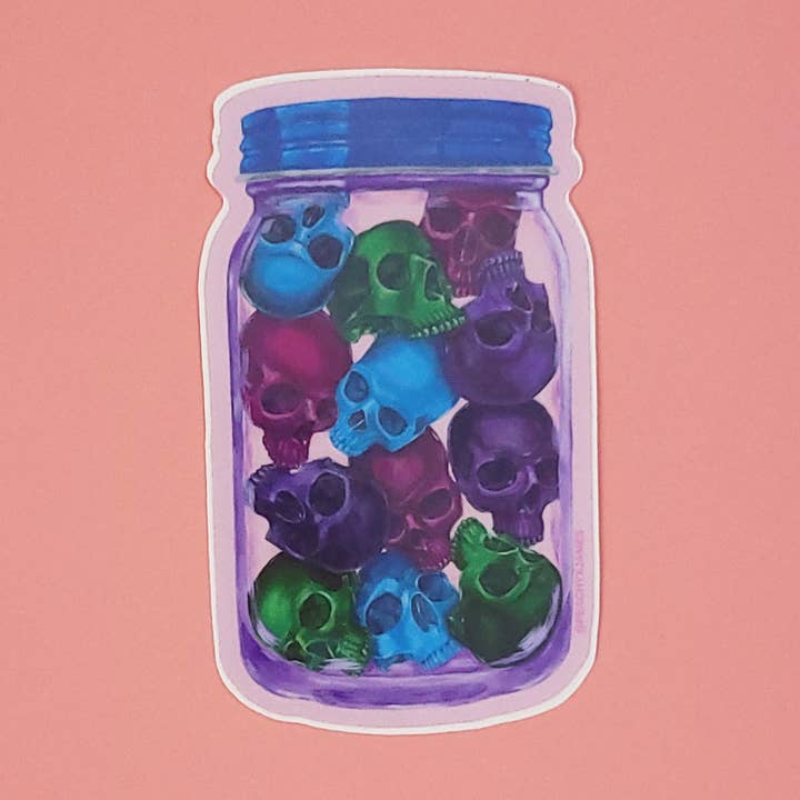 Conserves - Autocollant en vinyle multicolore Skulls in Jar pour la vente par PeachyxJames