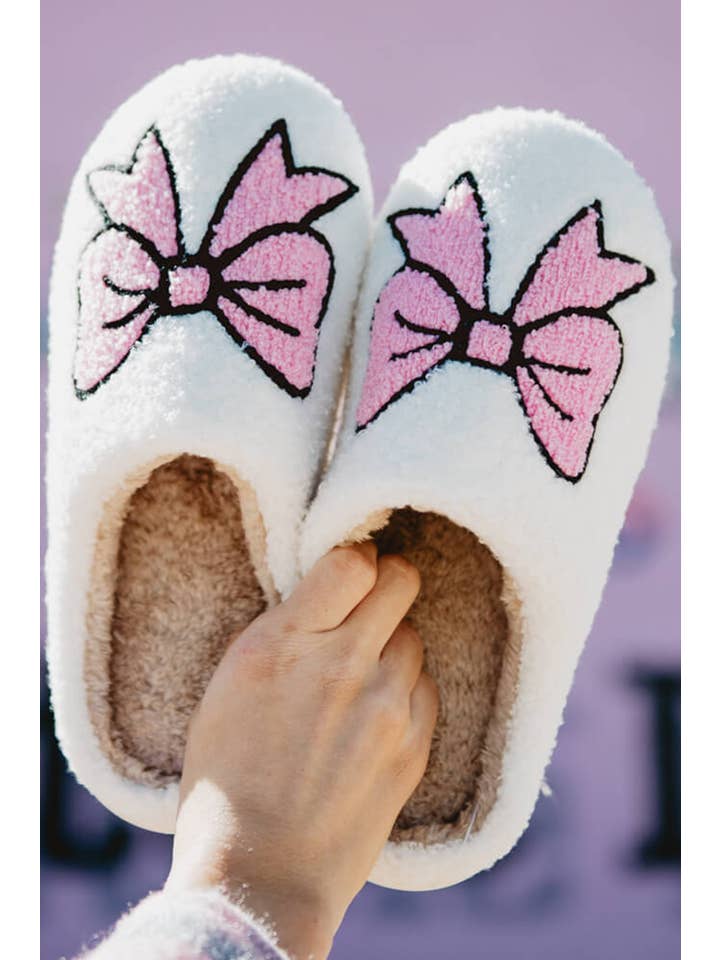 As shown Bowknot Pattern Fuzzy Warm Slippers | US6-9.5 for wholesale on Faire