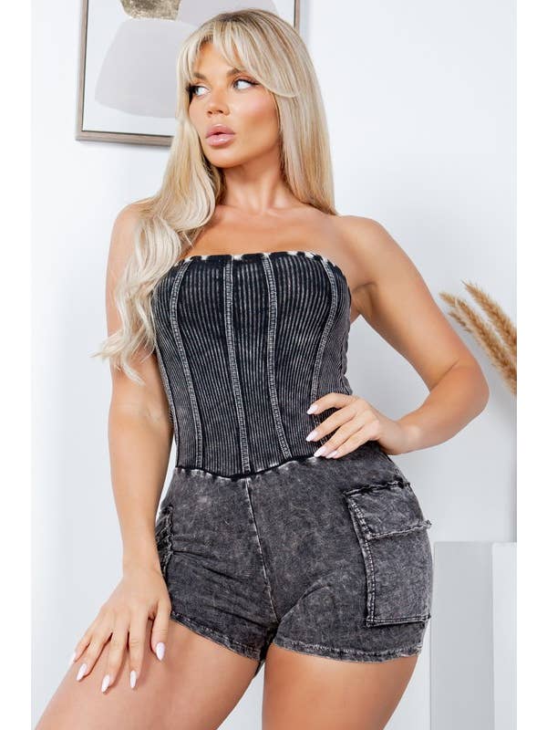 Jour - Wholesale Romper - Women's - Mineral Washed Tube Corset Romper GD43311