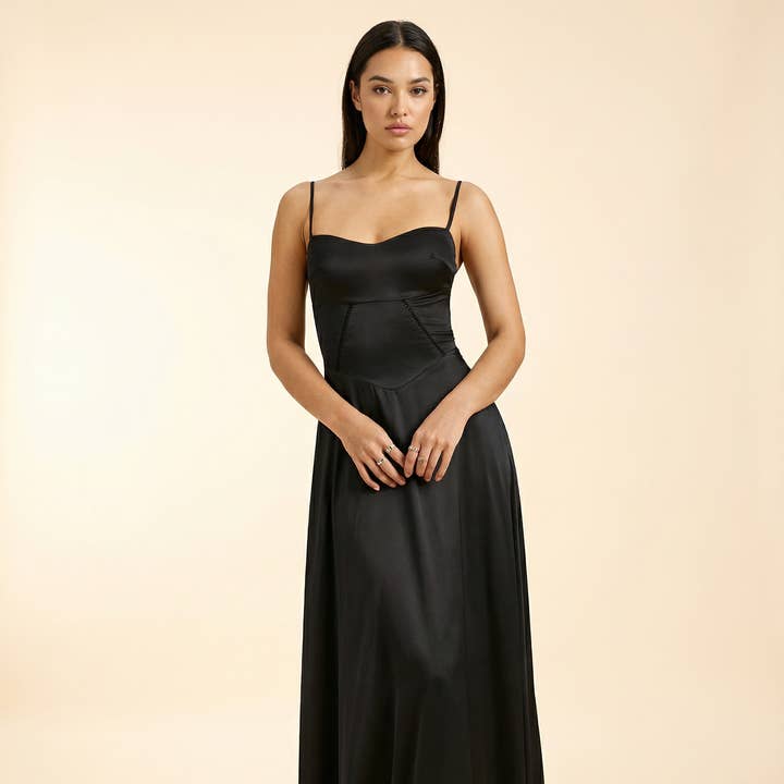 Matte Satin Backless Tie-Back Strap Maxi Dress for wholesale by BELLISSIMA FASHION