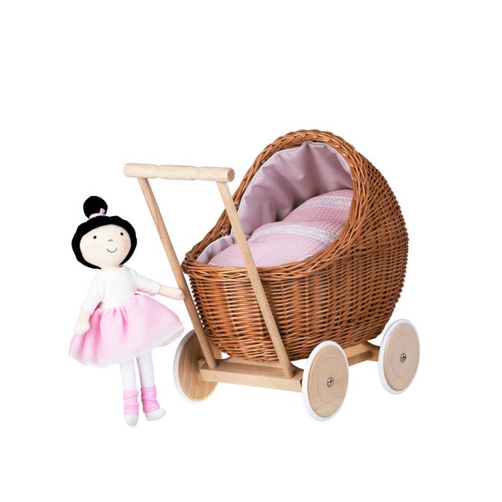 The Wicker Stories - Wholesale Kinderwagen voor poppen - Kinderen - Rieten kinderwagen met roze rand, rieten pop1