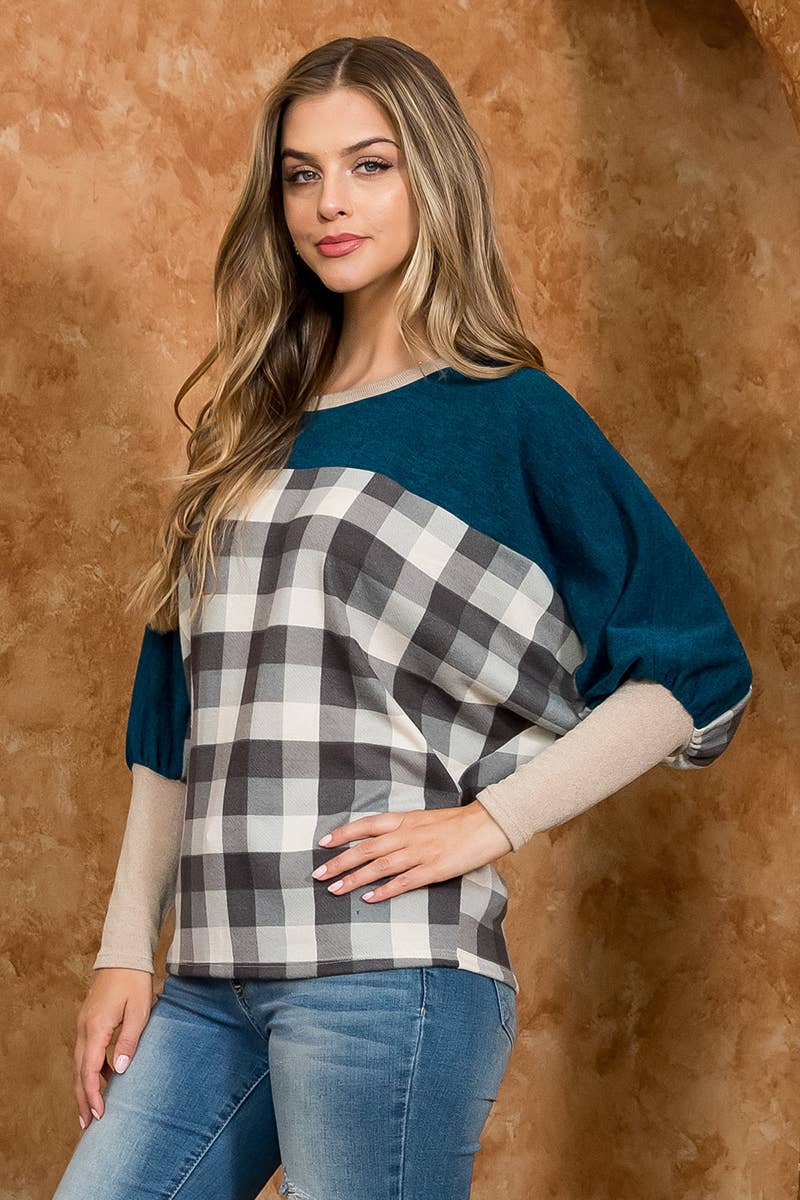 You & Me - Wholesale Blouse - Women's - SALE!!! PPT21075-DOLMAN SLEEVE SOLID CONTRAST PLAID TOP3