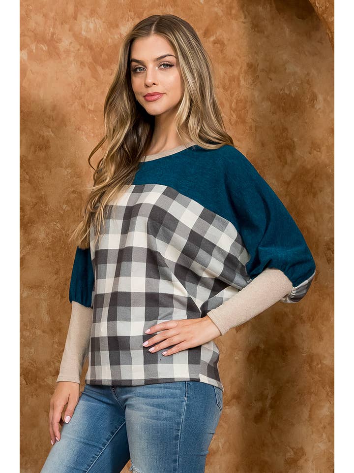 You & Me - Wholesale Blouse - Women's - SALE!!! PPT21075-DOLMAN SLEEVE SOLID CONTRAST PLAID TOP3