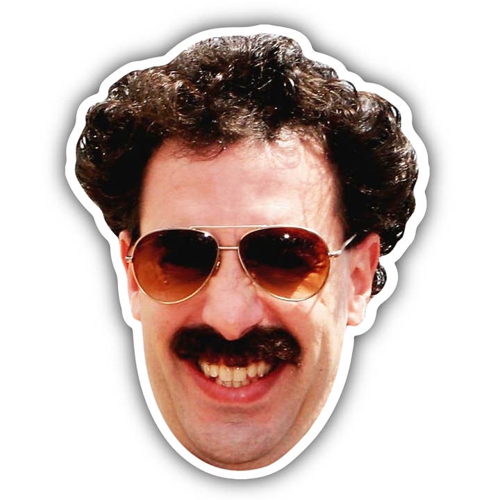 Borat Celebrity Head Vinyl Sticker for wholesale by Lucky Mfg. Co.