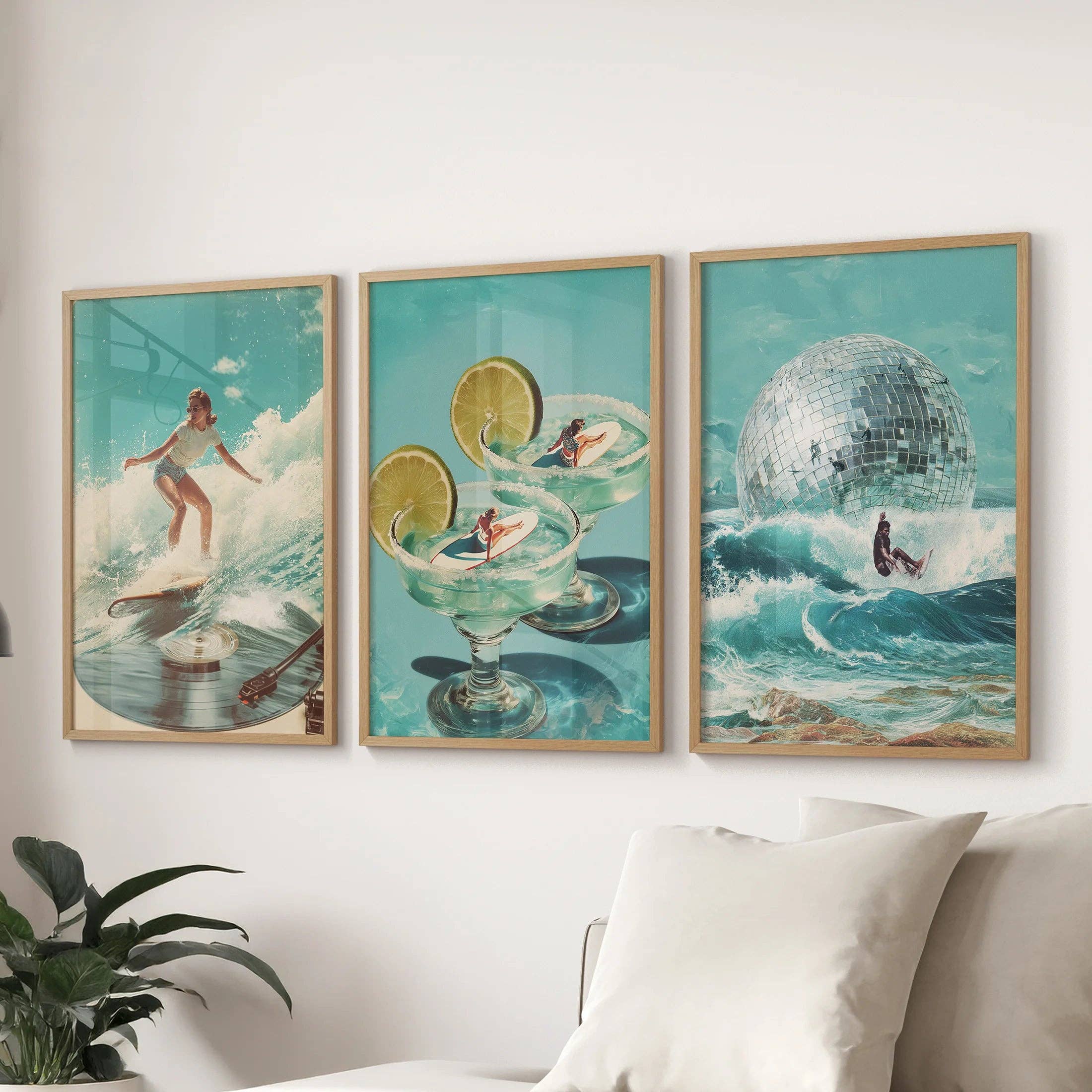 PrintSets.com - Wholesale Gallery Wall Set - Retro Coastal Surfing Wall Art Set of 3. Surreal Blue Wave0