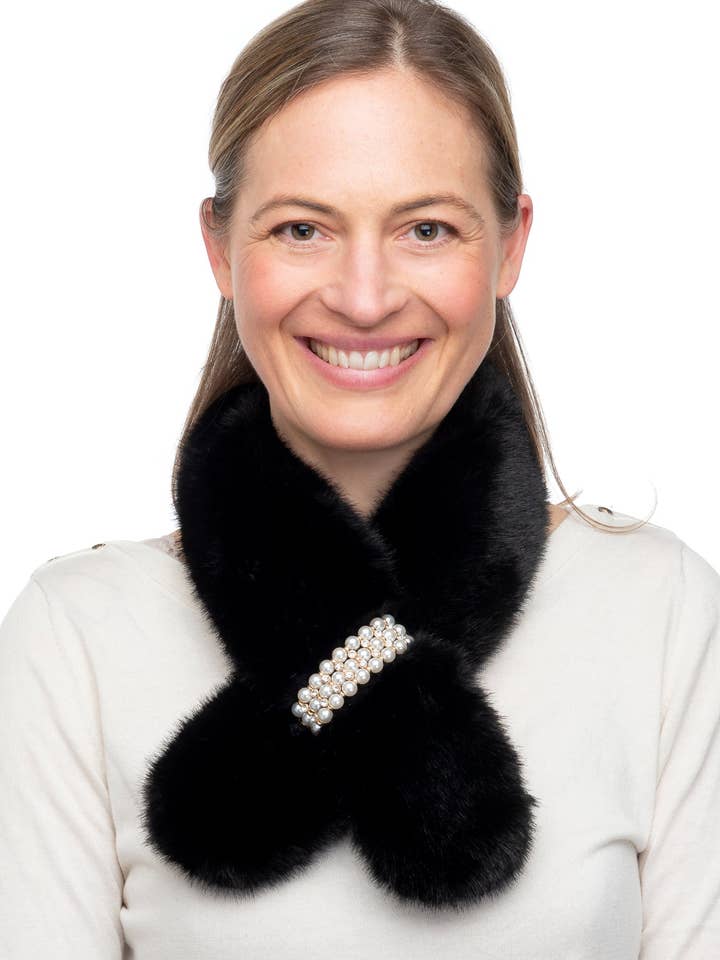 Fabiana FB43 Black Faux Fur Tippet With Row Pearl Detail for wholesale by Franchetti Bond