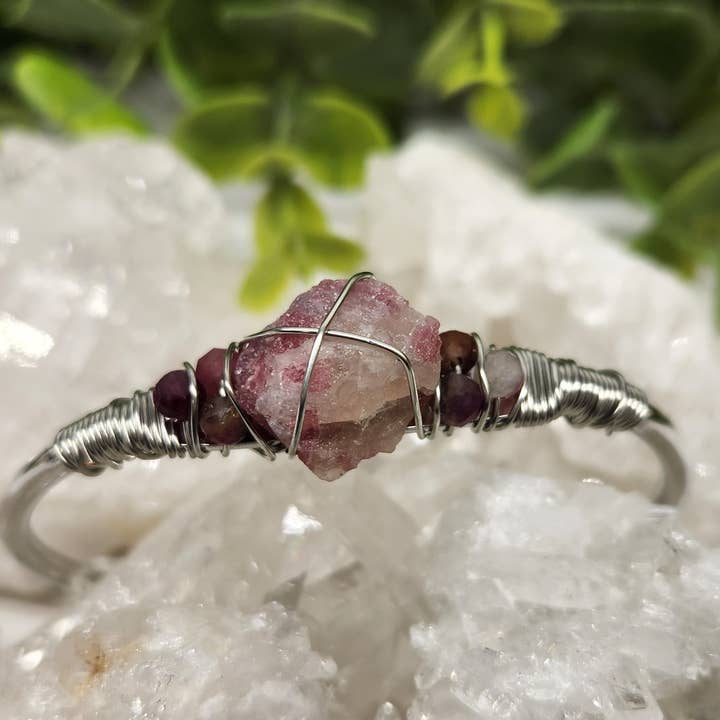 Meraki Gemstones - Wholesale Cuff Bracelet - Pink Tourmaline/Pk. Tourm.Rough Gemstone Wire Wrapped Bangle
