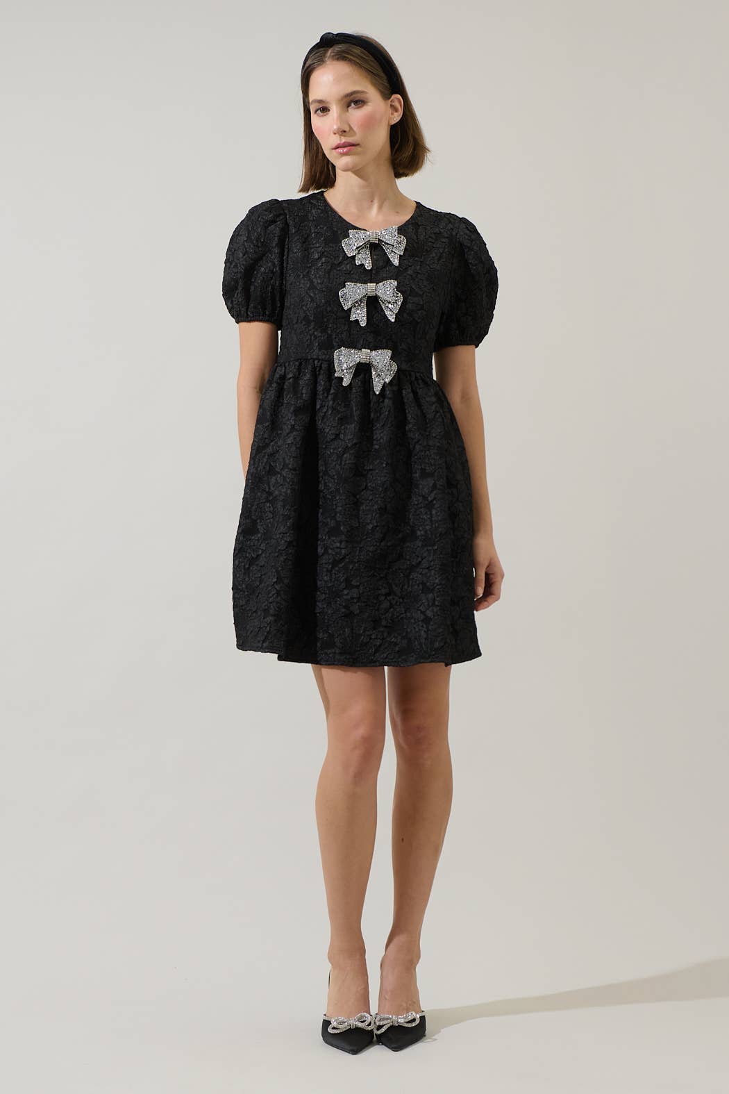 Black  Arian Jacquard Glow Bow Mini Dress for wholesale on Faire4