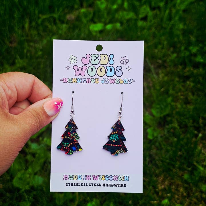 Orecchini ad Albero di Natale in Finto Vetro Colorato per la vendita all'ingrosso da parte di Jedi Woods LLC