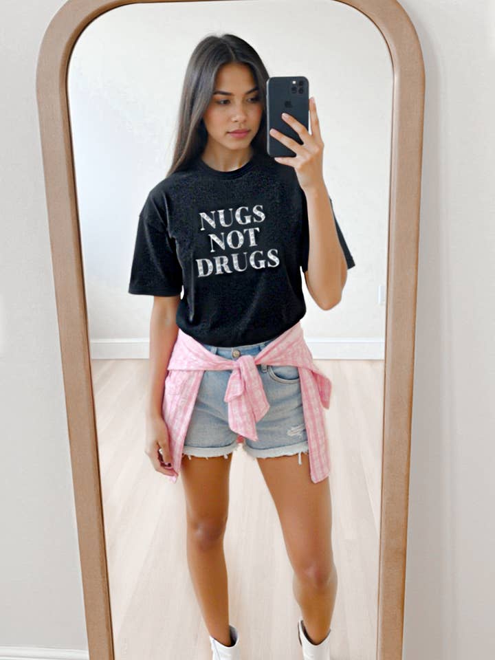 Girl Code Couture - Wholesale Screen Printed T-Shirt - Women's - “Nugs Not Drugs” Graphic & Studded Washed Tee2