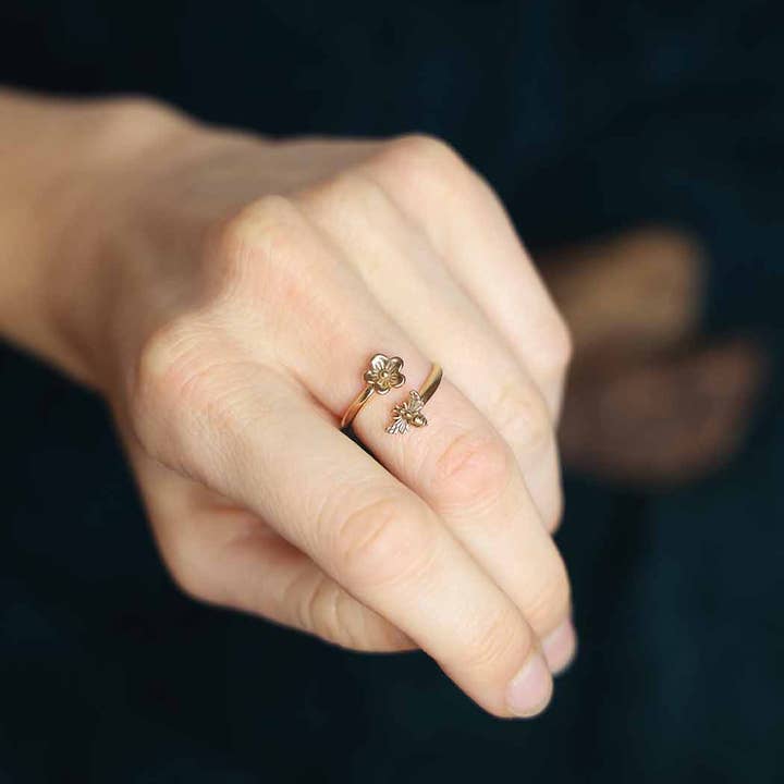 Nina Designs - Wholesale Band/Stacked Ring - Silver or Bronze Bee and Cherry Blossom Adjustable Ring