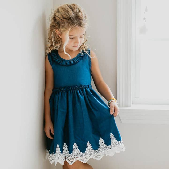 Oopsie Daisy - Wholesale Dress - Kids - Kids Denim Ruffle Intricate Lace Summer Dress
